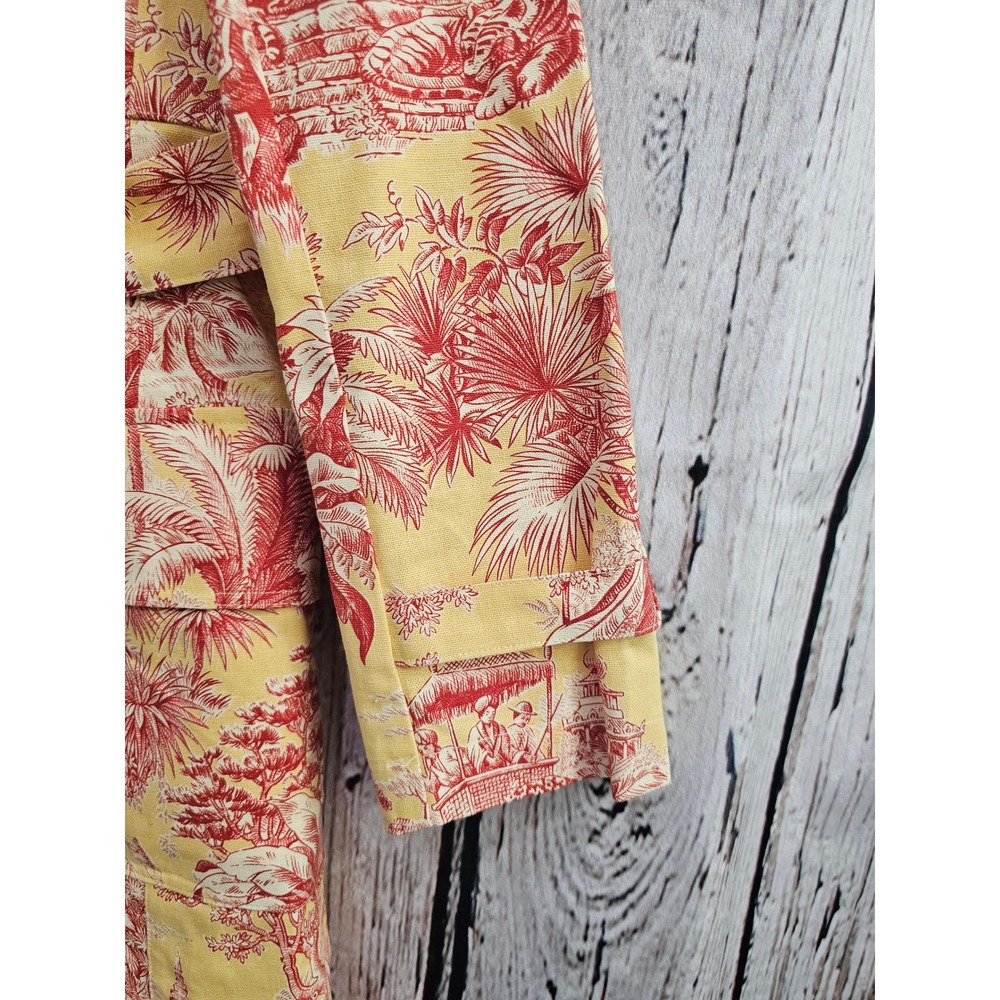 Gabriele Geppert Trench Coat Womens 42 Yellow Red Toile Horse Graphic Belted EUC - Picture 2 of 7
